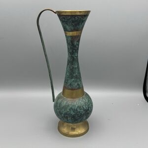 Vtg Green Enamel and Brass Ewer Pitcher Oxidized Patina Handle India 11" Tall